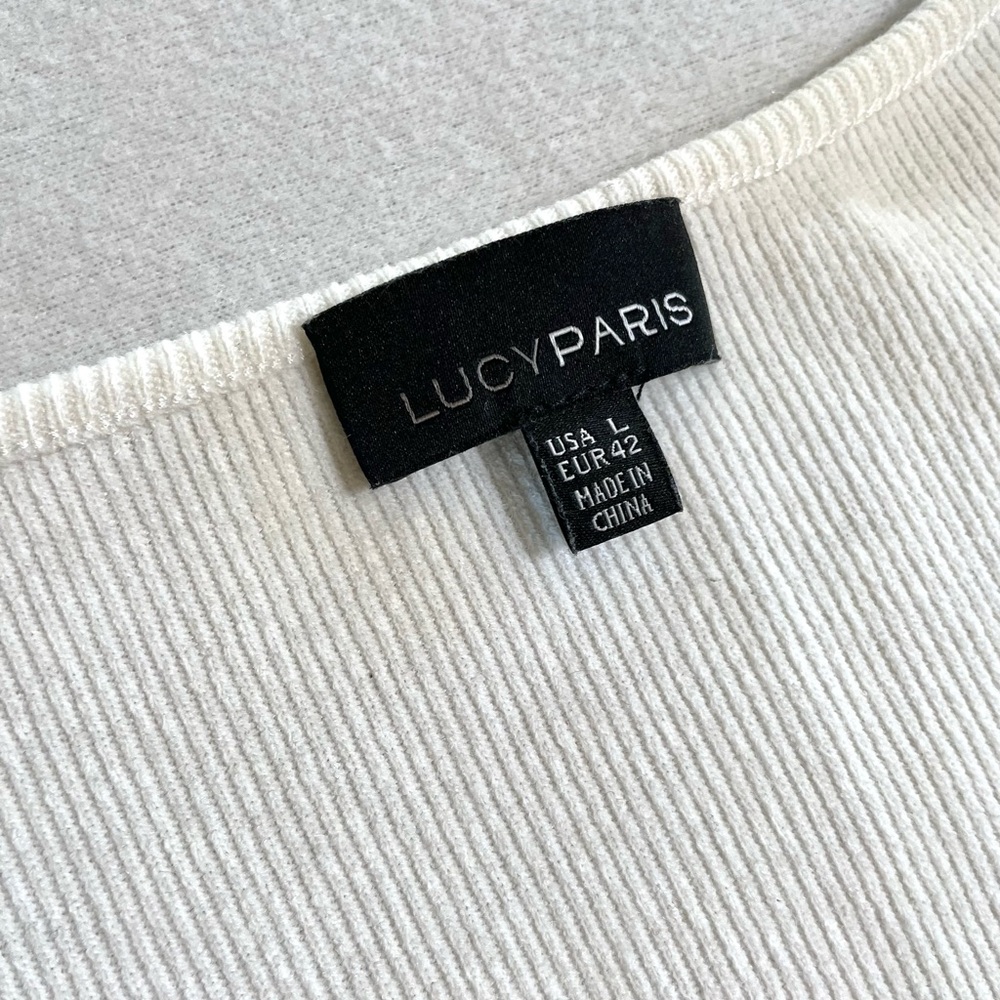 Lucy Paris White Ribbed Knit Sweetheart Puff Sleeve Sweater Top Fitted Size L - Picture 4 of 14